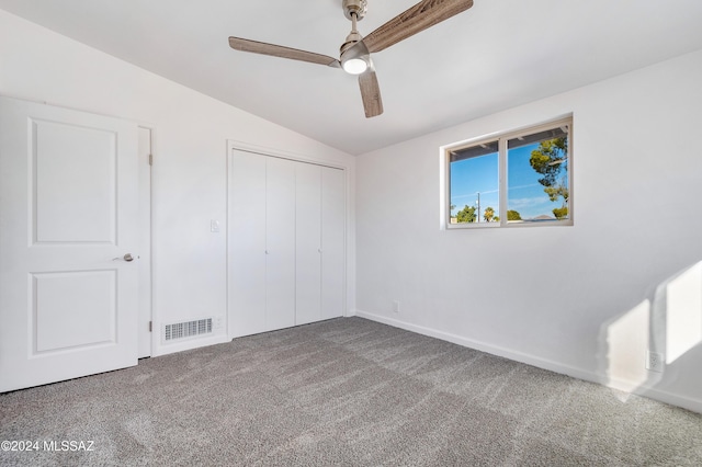 4362 E Ln Cienega St, Tucson, AZ 85712 - unfurnished bedroom with carpet floors, a ceiling fan, vaulted ceiling, visible vents, and a closet