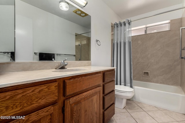 full bathroom with vanity, tile patterned floors, shower / bath combo, and toilet