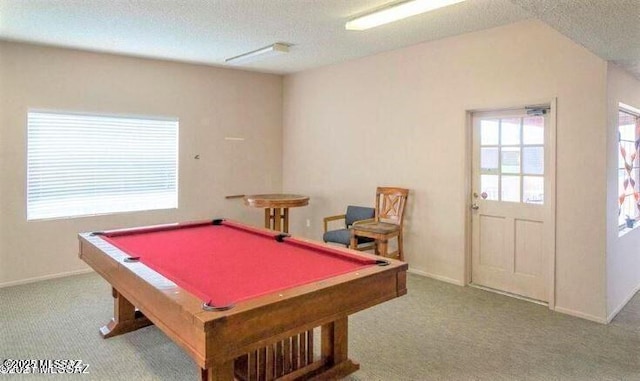 rec room with billiards, baseboards, carpet flooring, and a textured ceiling