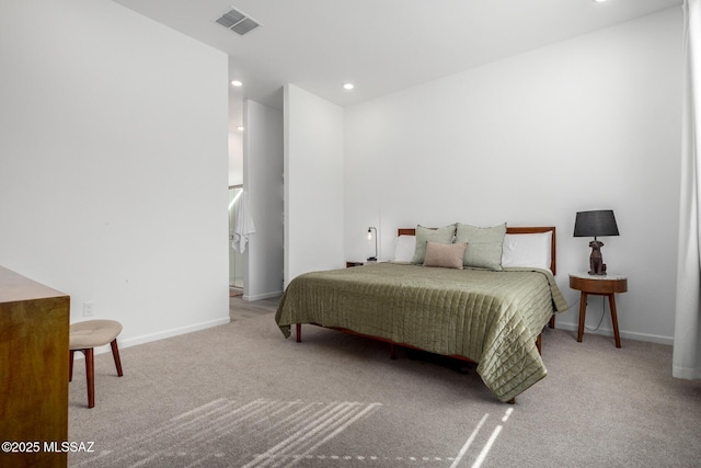 carpeted bedroom with recessed lighting and baseboards