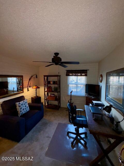 215 E Los Rincones, Green Valley, AZ 85614 - office featuring carpet floors, a textured ceiling, and ceiling fan