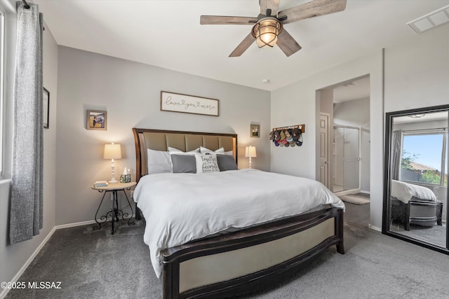 carpeted bedroom featuring baseboards, a ceiling fan, access to exterior, and visible vents