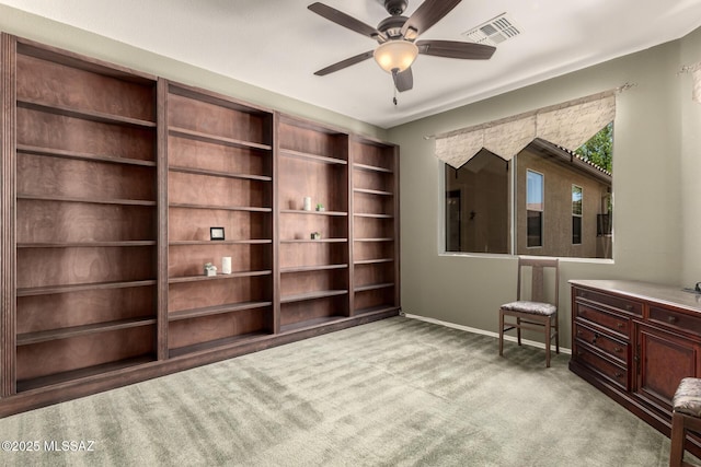2436 E Desert Pueblo Pass, Green Valley, AZ 85614 - living area featuring carpet floors, ceiling fan, visible vents, and baseboards