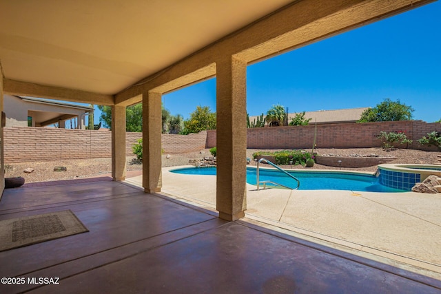 2436 E Desert Pueblo Pass, Green Valley, AZ 85614 - view of swimming pool featuring an in ground hot tub, a fenced in pool, a fenced backyard, and a patio area