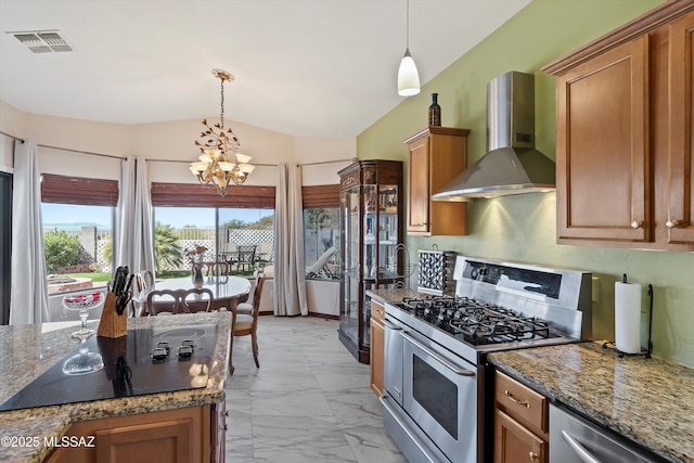 39930 S Mountain Shadow Dr, Tucson, AZ 85739 - kitchen with wall chimney range hood, stainless steel appliances, a chandelier, light marble finish floors, and vaulted ceiling
