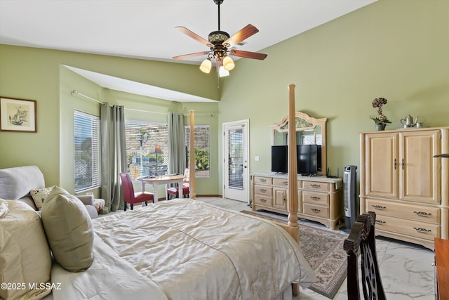 39930 S Mountain Shadow Dr, Tucson, AZ 85739 - bedroom with access to exterior, light marble finish floors, a ceiling fan, and vaulted ceiling