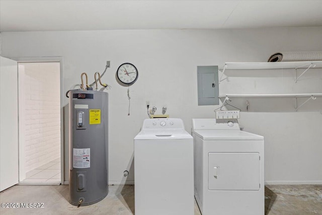 laundry room featuring electric panel, separate washer and dryer, laundry area, and electric water heater