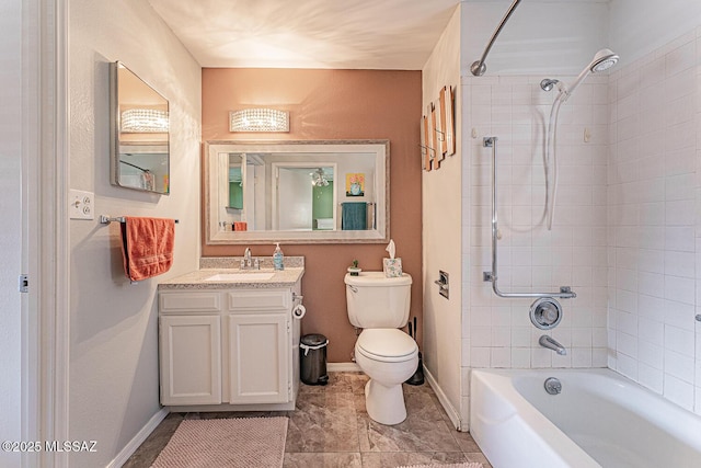 full bath with shower / bathtub combination, baseboards, vanity, and toilet