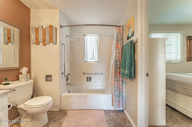 bathroom featuring vanity, shower / bathtub combination with curtain, baseboards, and toilet