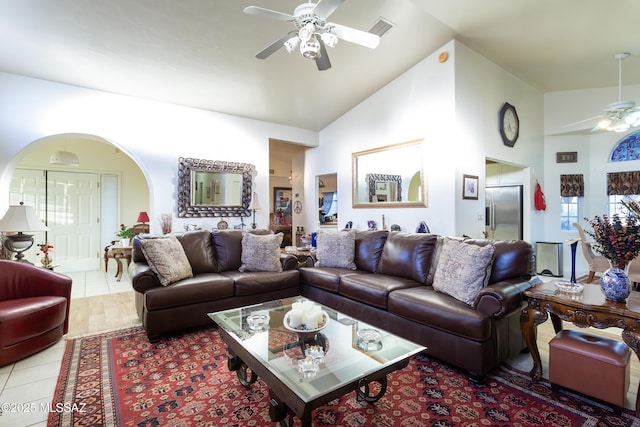 21 Kachina, Rio Rico, AZ 85648 - tiled living room with a ceiling fan, visible vents, and vaulted ceiling