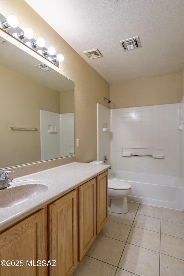 bathroom featuring visible vents, tile patterned flooring, vanity, toilet, and shower / bath combination