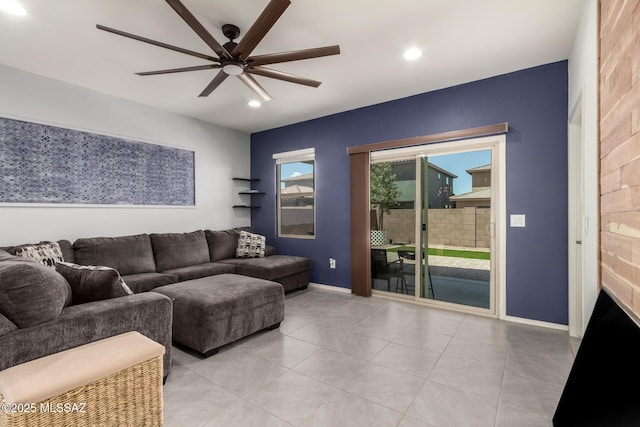 7688 S Via Perfecta, Tucson, AZ 85756 - living room featuring a ceiling fan, baseboards, light tile patterned floors, and recessed lighting