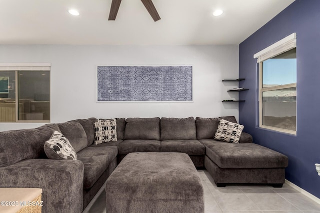 7688 S Via Perfecta, Tucson, AZ 85756 - living room featuring a ceiling fan, light tile patterned floors, recessed lighting, and baseboards