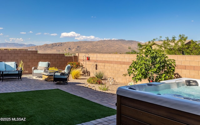 10199 S Pantano Knolls Dr, Vail, AZ 85641 - view of yard with a hot tub, a patio area, a mountain view, and fence