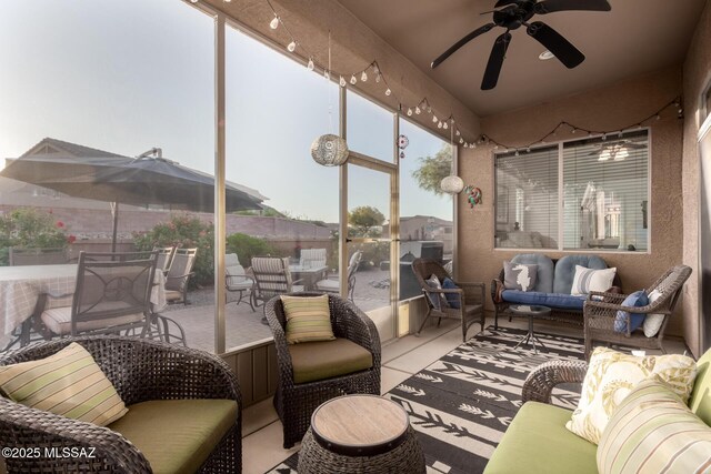 5884 S Azure Vista Way, Green Valley, AZ 85622 - sunroom / solarium featuring an outdoor living space, a ceiling fan, and outdoor dining space