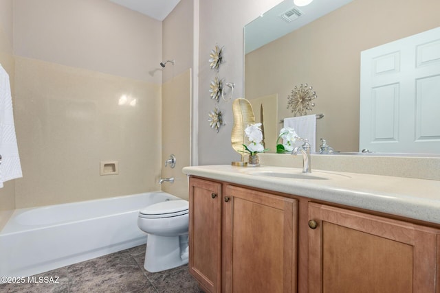 full bathroom with vanity, toilet, tile patterned floors,  shower combination, and visible vents