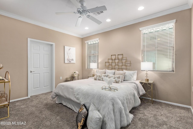 bedroom with visible vents, carpet floors, baseboards, ornamental molding, and recessed lighting
