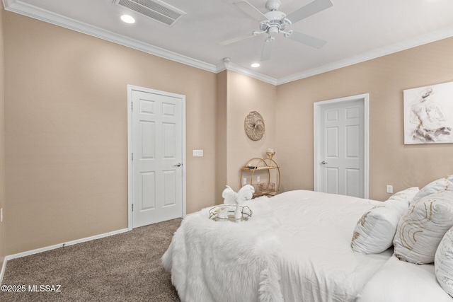 carpeted bedroom with crown molding, recessed lighting, baseboards, a ceiling fan, and visible vents