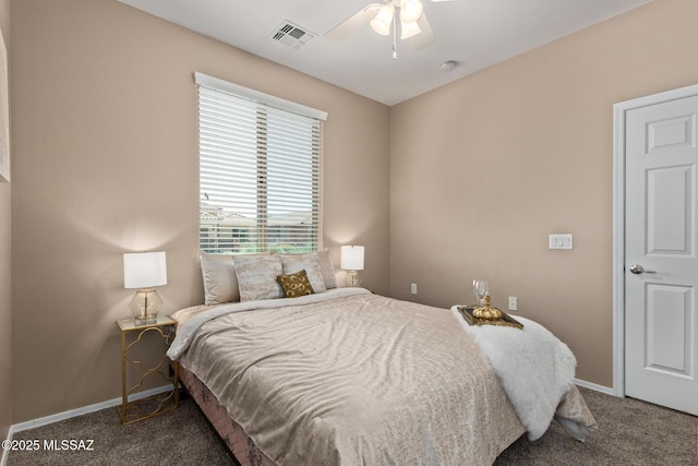 bedroom with carpet floors, baseboards, ceiling fan, and visible vents