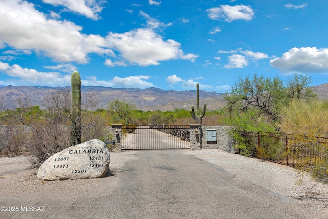 view of street featuring a mountain view and a gate