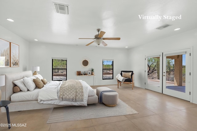 12471 E Speedway Blvd, Tucson, AZ 85748 - bedroom with access to outside, multiple windows, recessed lighting, french doors, and light tile patterned flooring