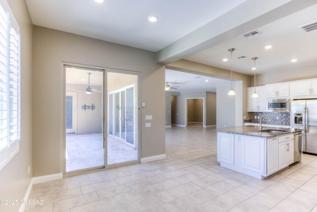 kitchen with appliances with stainless steel finishes, visible vents, a ceiling fan, and a sink