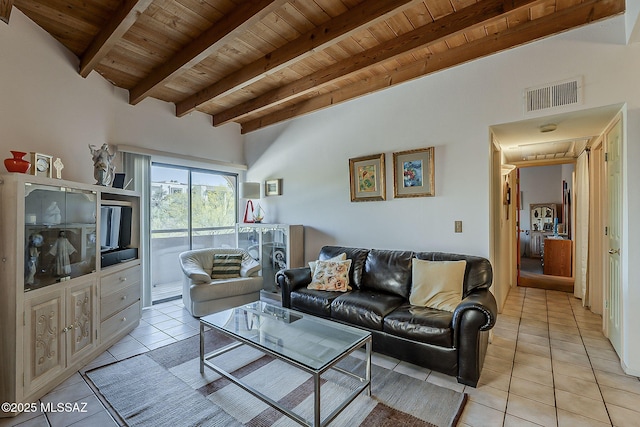 living room featuring wooden ceiling, lofted ceiling with beams, light tile patterned flooring, and visible vents