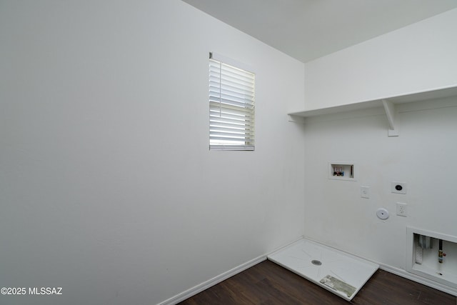 laundry room with laundry area, dark wood-style flooring, hookup for a gas dryer, washer hookup, and hookup for an electric dryer