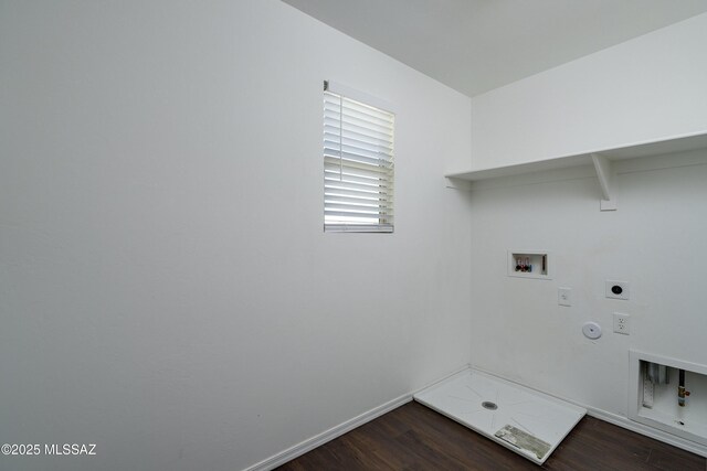 1139 E Madera Grove Ln, Sahuarita, AZ 85629 - laundry room with laundry area, dark wood-style flooring, hookup for a gas dryer, washer hookup, and hookup for an electric dryer