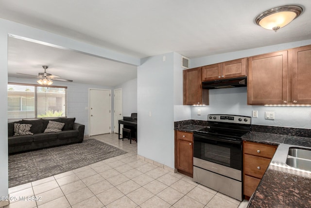 kitchen with ceiling fan, visible vents, stainless steel electric range, open floor plan, and under cabinet range hood