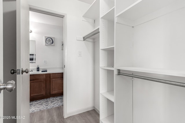 walk in closet with light wood-style flooring