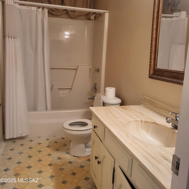 bathroom with toilet, tile patterned floors, shower / bathtub combination with curtain, and vanity