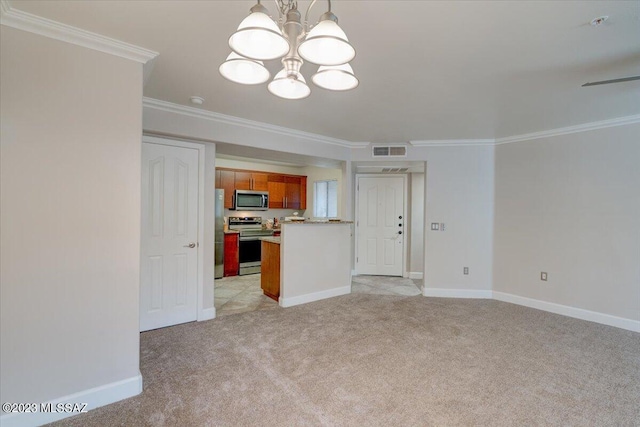 unfurnished living room featuring visible vents, baseboards, an inviting chandelier, ornamental molding, and light carpet
