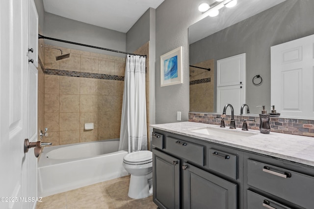 1500 E Pusch Wilderness Dr Unit 10105, Oro Valley, AZ 85737 - full bathroom with tile patterned flooring, toilet, shower / bath combo with shower curtain, vanity, and a textured wall