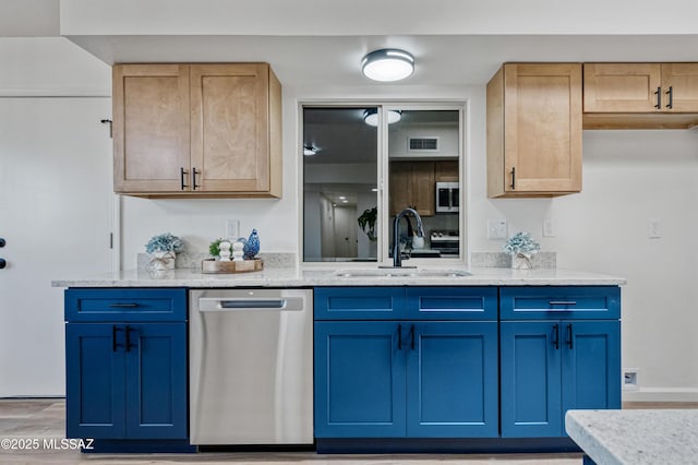 7555 E 25th St, Tucson, AZ 85710 - kitchen with a sink, light wood-type flooring, stainless steel appliances, and blue cabinets