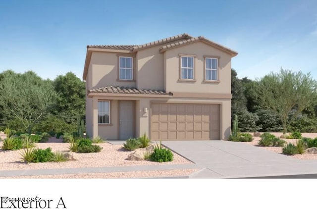 mediterranean / spanish-style home with a garage, stucco siding, concrete driveway, and a tile roof