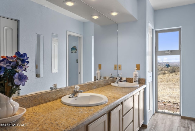 full bath featuring double vanity, a sink, and wood finished floors