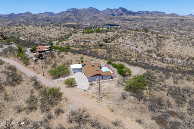 birds eye view of property with a desert view, a mountain view, and a rural view