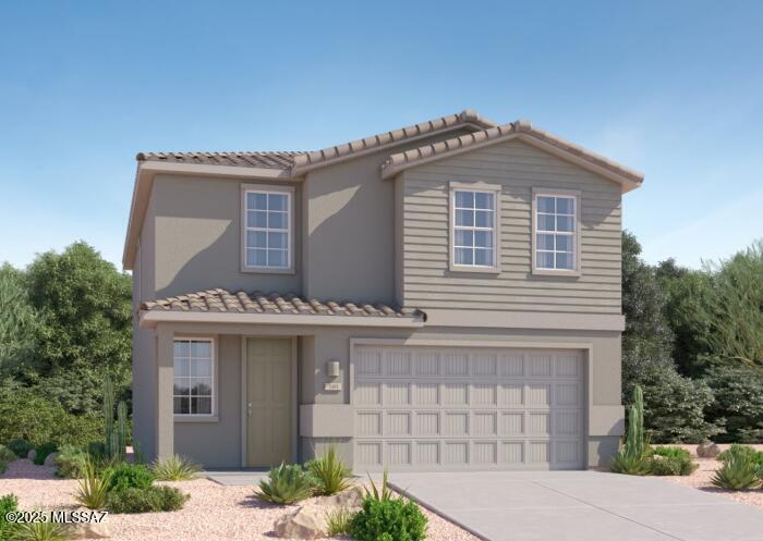 7029 W Star Garden Way, Tucson, AZ 85757 - traditional-style house featuring an attached garage, stucco siding, a tiled roof, and driveway