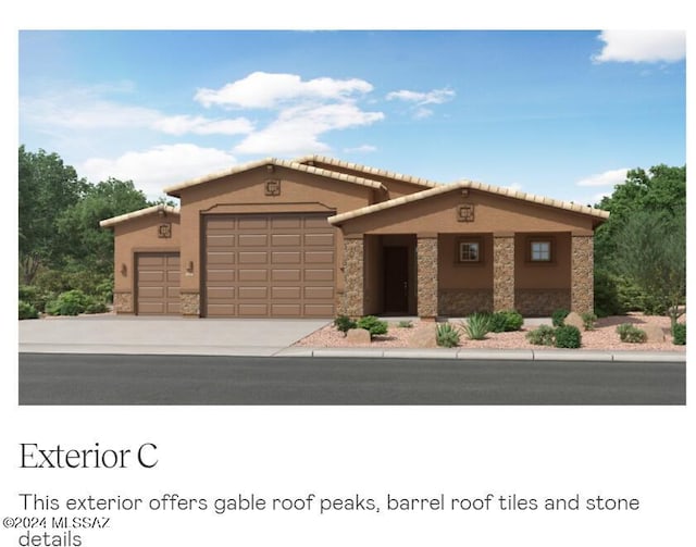 ranch-style house with an attached garage, driveway, stone siding, and stucco siding