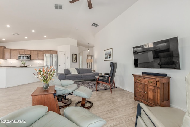 13795 N Buckhorn Cholla Dr, Marana, AZ 85658 - living area with ceiling fan, lofted ceiling, recessed lighting, and light wood-type flooring