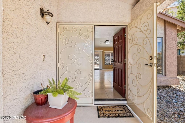view of exterior entry with stucco siding