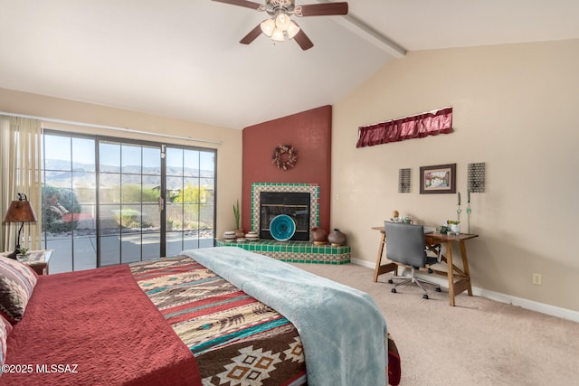 bedroom with baseboards, access to outside, lofted ceiling with beams, and carpet floors