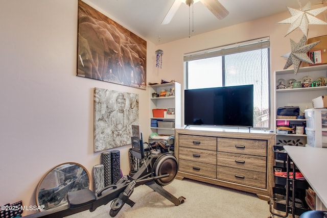interior space featuring a ceiling fan and carpet flooring