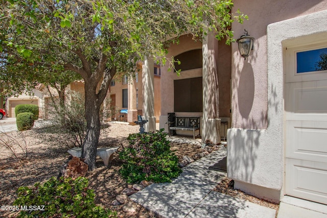 doorway to property with stucco siding