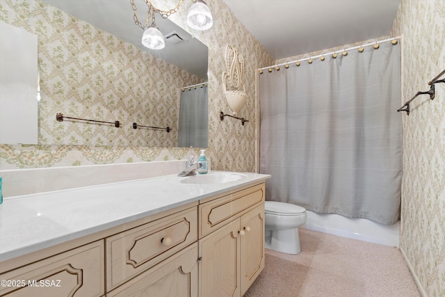 1011 N Placita Yoas, Green Valley, AZ 85614 - full bath featuring wallpapered walls, vanity, toilet, and shower / bath combination with curtain