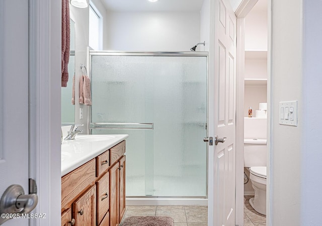 full bathroom featuring vanity, tile patterned floors, and a shower stall