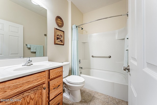 bathroom featuring tile patterned flooring, shower / bathtub combination with curtain, vanity, and toilet