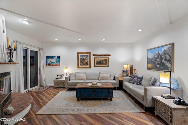 1408 W Kandy Ct, Tucson, AZ 85745 - living area with recessed lighting, wood finished floors, and a glass covered fireplace