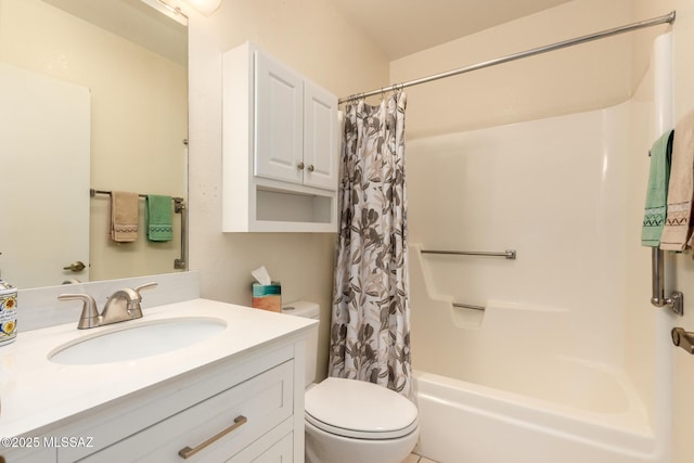 bathroom featuring toilet, shower / bath combo with shower curtain, and vanity